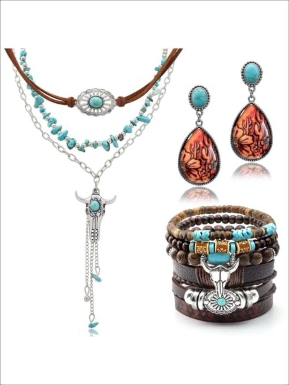 3 Pc Western Jewelry Set Turquoise Beaded Necklace Earrings Bracelet Boho